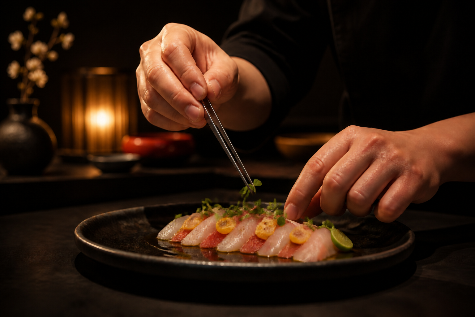 Chef terminando un tiradito Nikkei bajo luz cálida