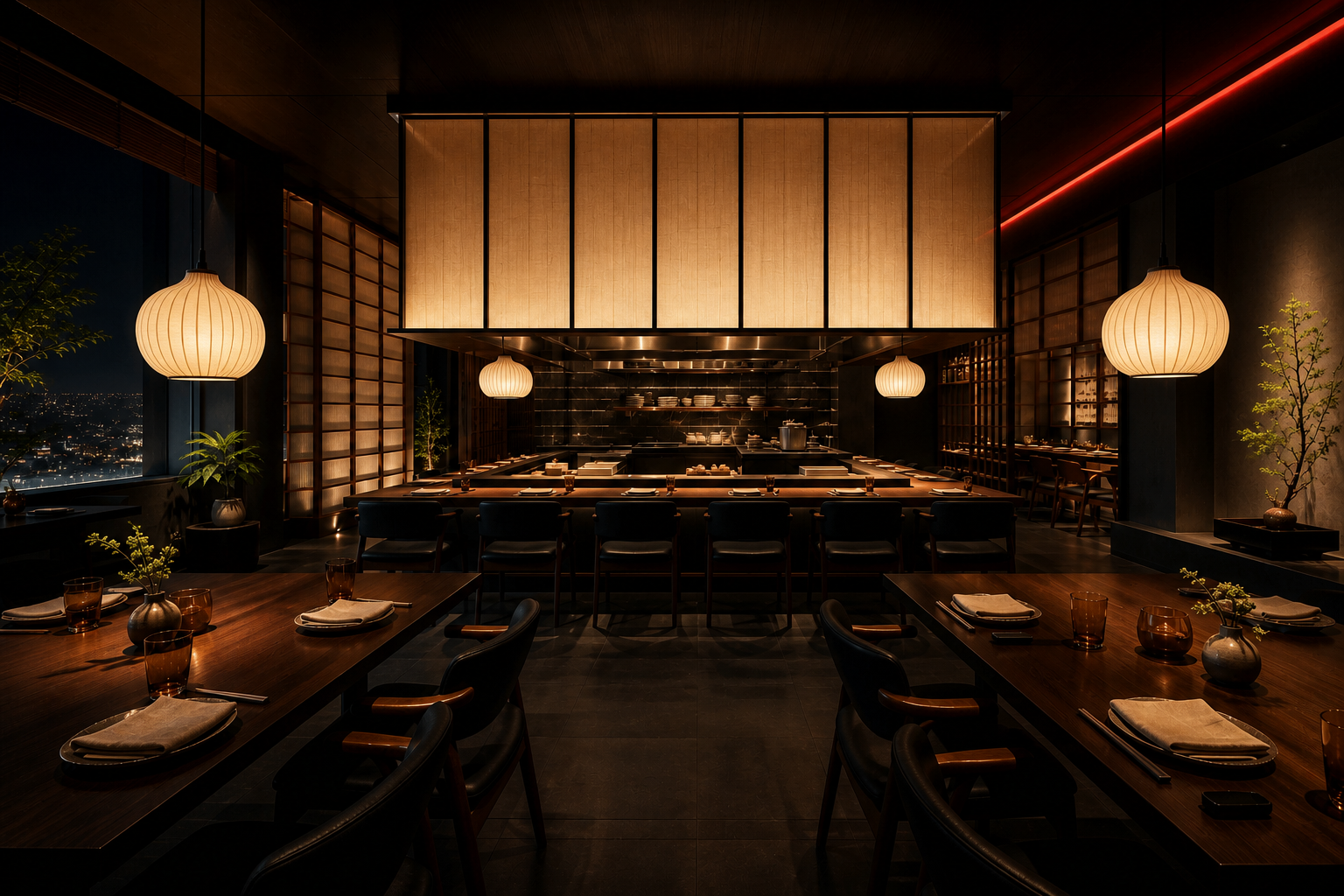 Interior conceptual de KŌDA con barra omakase y faroles de papel